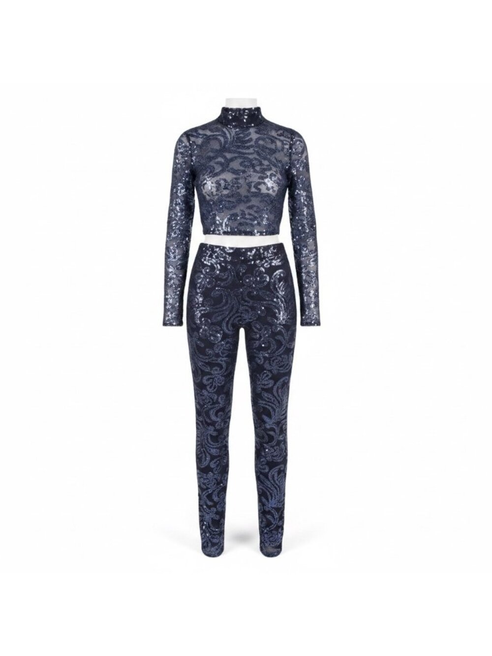 Banjul Womens Navy Sequin 2-Piece Set Long Sleeve Crop Top & Pants Size M